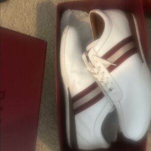 Bally Switzerland White Sneakers with Gold and Red Stripes